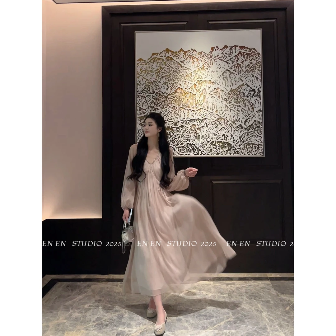 【ENenen专属】新款纯色夏季法式V领宽松时尚气质夏季连衣裙YF25417