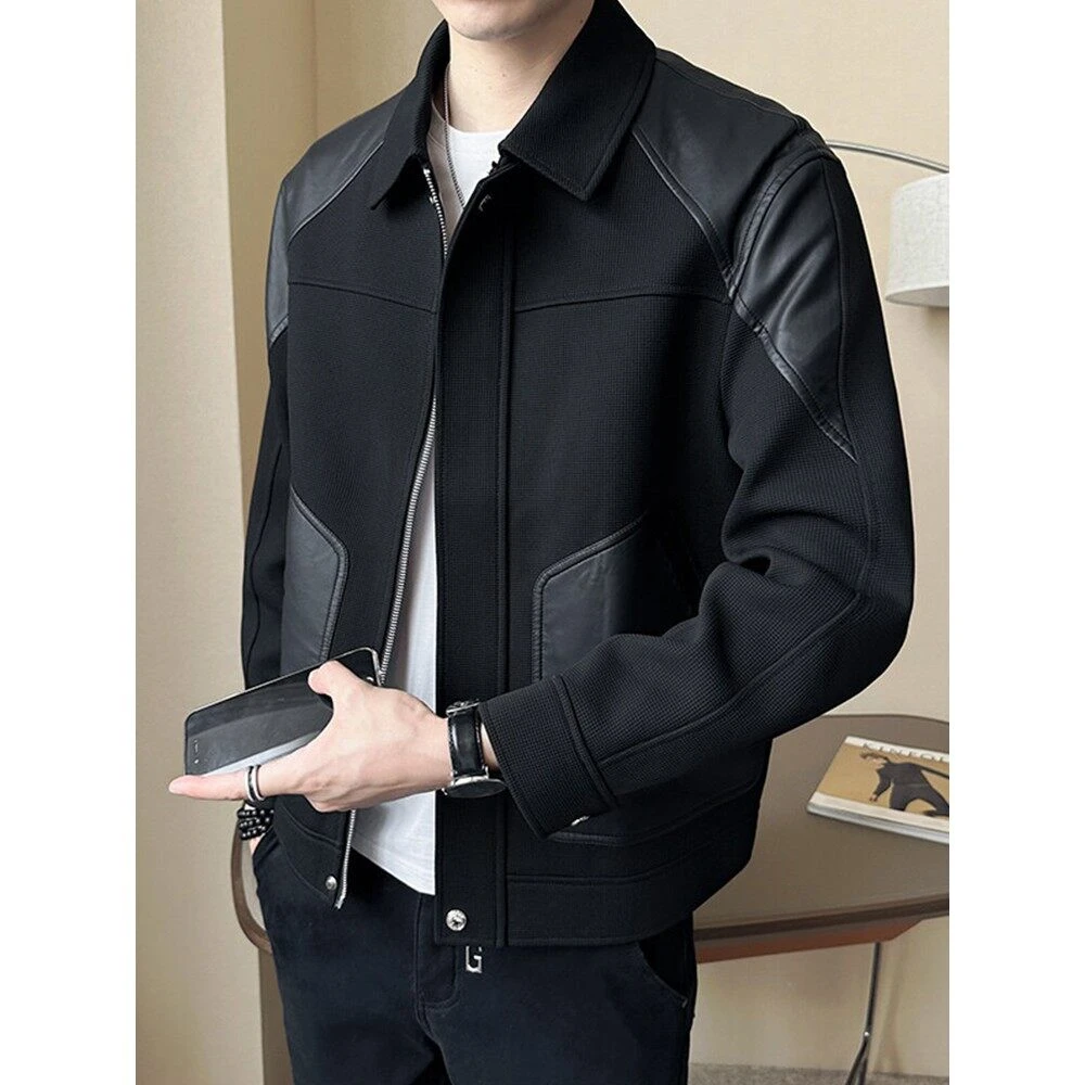 皮夹克2025年春秋男士新款针织拼接高端帅气皮夹克春季男士皮夹克