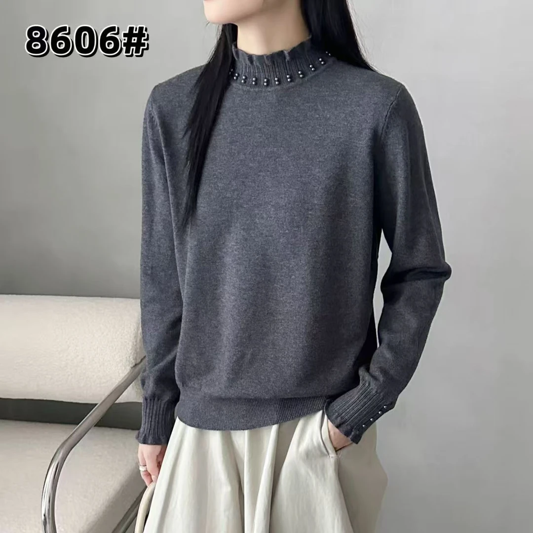 半高领钉珠针织衫女秋冬长袖宽松上衣打底减龄百搭甜美毛衣网红