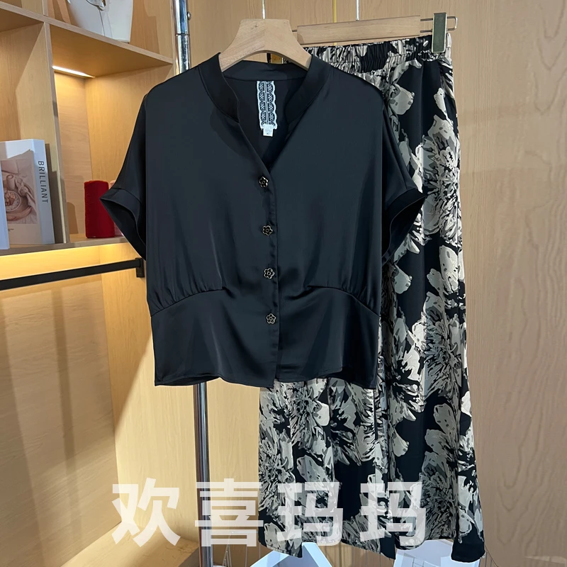 中年妈妈夏季国风套装中老年短袖T恤上衣服阔太太时髦女装两件套