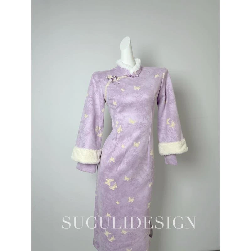 苏故里【蝶舞】新款冬季加厚旗袍气质显瘦粉色减龄修身中长款双袖