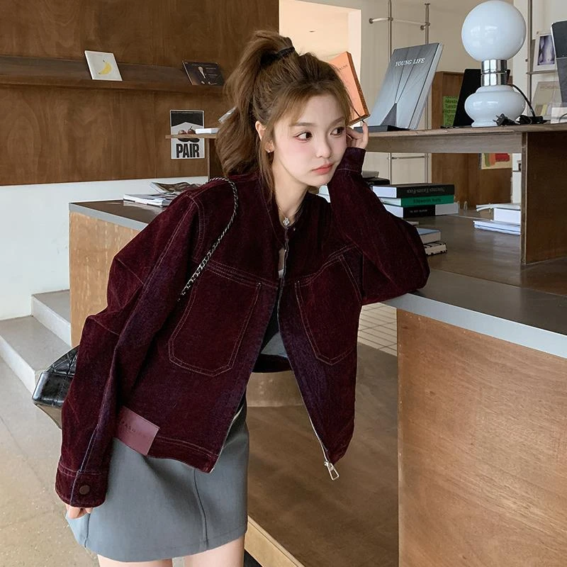 复古红色丝绒夹克外套女2025春季新款高级感时尚小个子超好看上衣