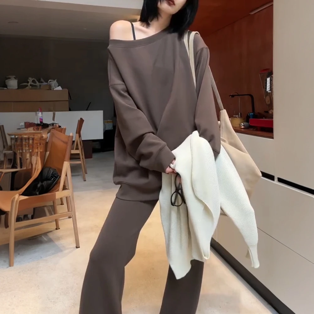 时尚洋气咖色休闲卫衣套装女秋季新款宽松百搭卫衣上衣长裤两件套