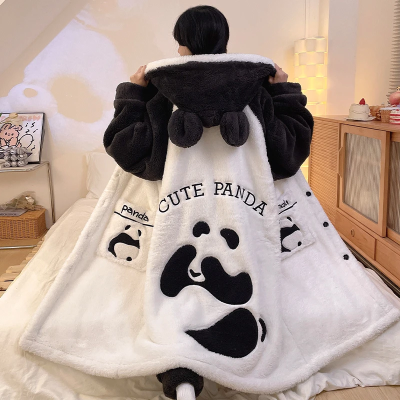 珊瑚绒睡袍女士春秋冬季加绒加厚保暖可爱卡通大码睡衣家居服套装