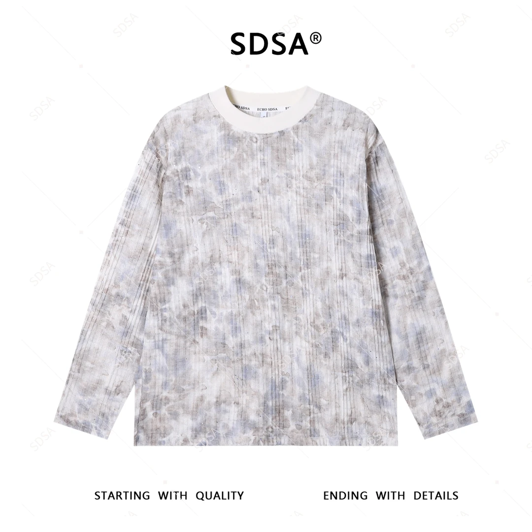 SDSA男士秋冬新款轻奢痞帅男装美式洒金扎染圆领长袖T恤时尚上衣