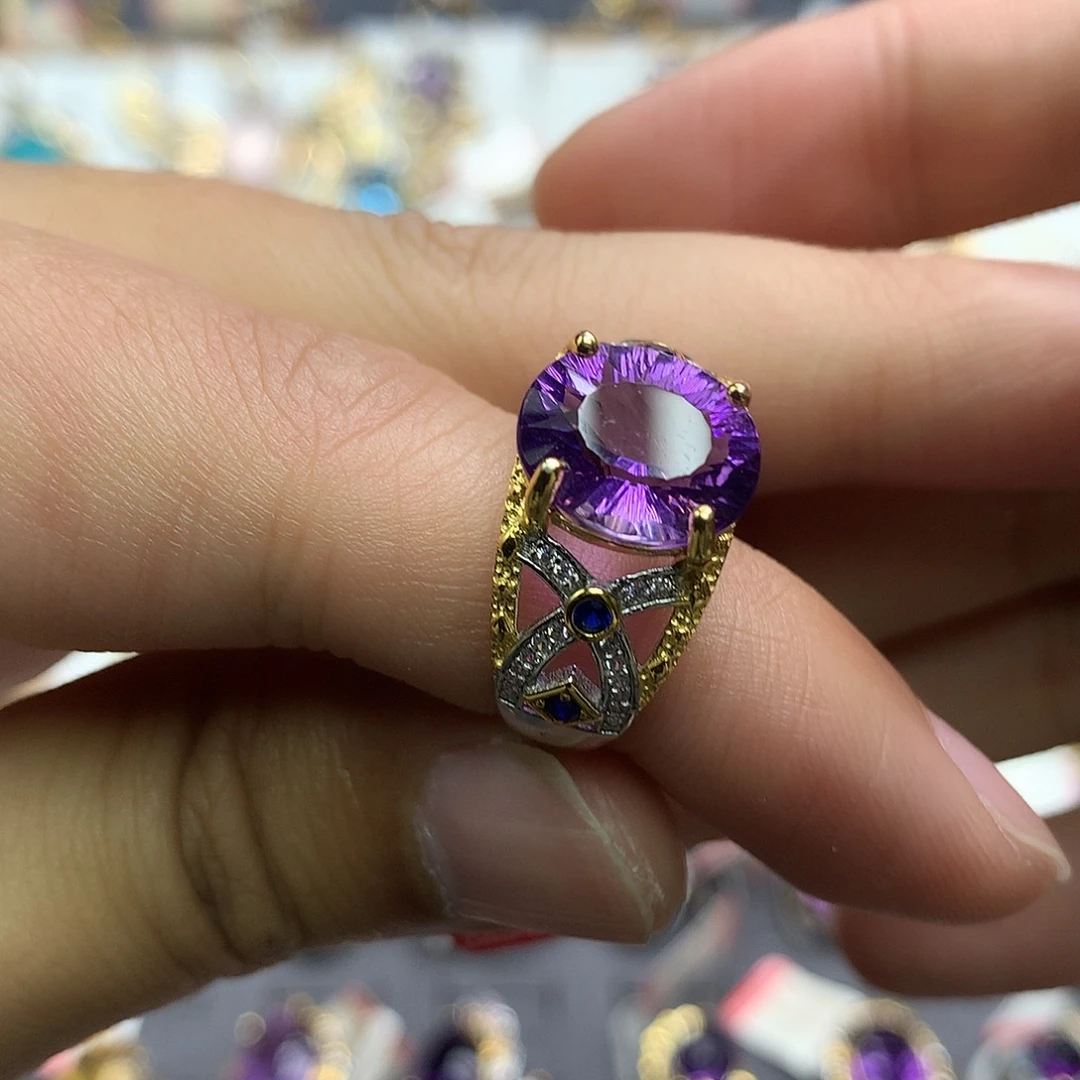 银S925镀金镶嵌戒指水晶