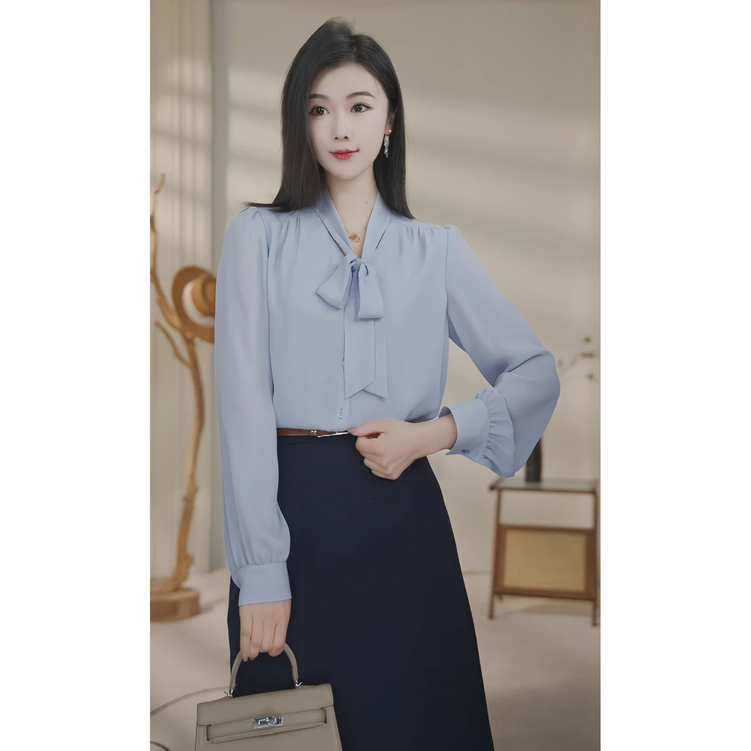 【小北甄选】流光风8591170浅灰蓝曼贝衬衫女士高级显瘦气质衬衣