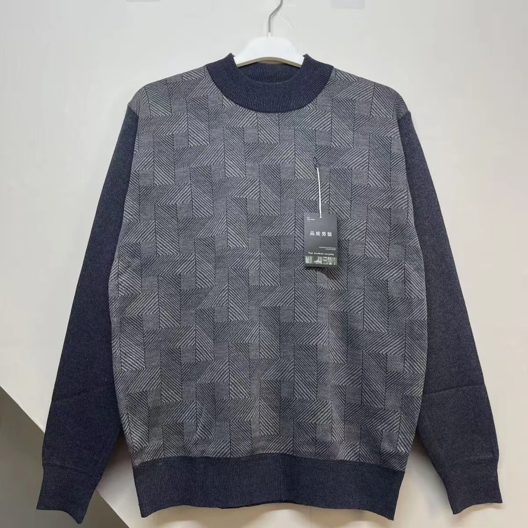 N0046秋冬款男装针织长袖灰色格子提花圆领休闲打底外穿针织长袖