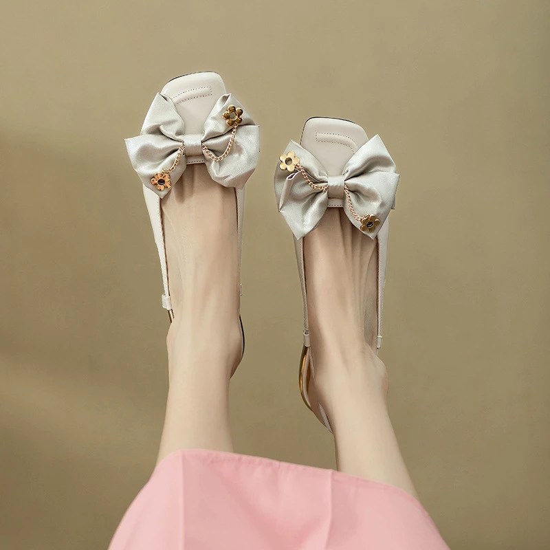 夏季仙女风方头蝴蝶结凉鞋女2025新款平底低跟鞋晚晚风温柔复古鞋