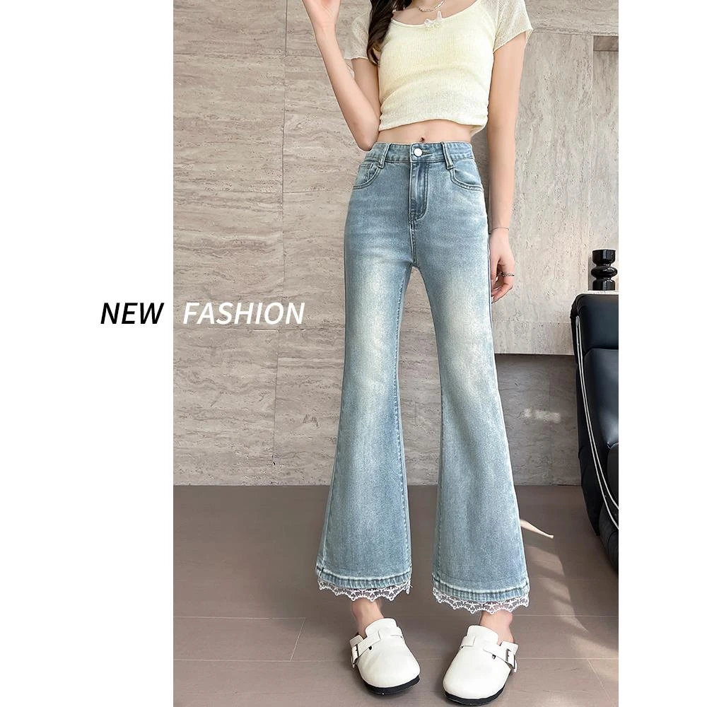 蕾丝微喇牛仔裤女春秋季2025新款夏天高腰显瘦小个子九分喇叭裤子