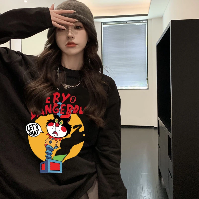 网红时尚炸街新款女装圆领t恤情侣装前后图案长袖加厚中长款上衣