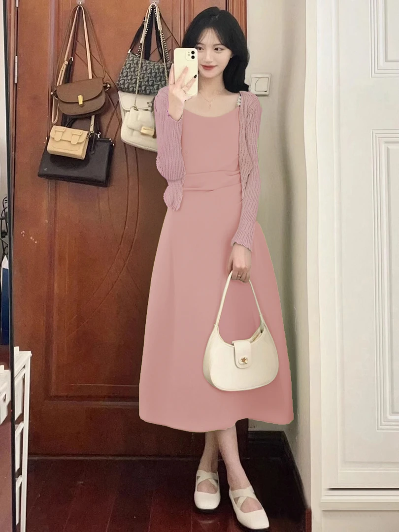 A春季新款连衣裙女套装针织开衫显瘦百搭日常温柔风气质裙装6904