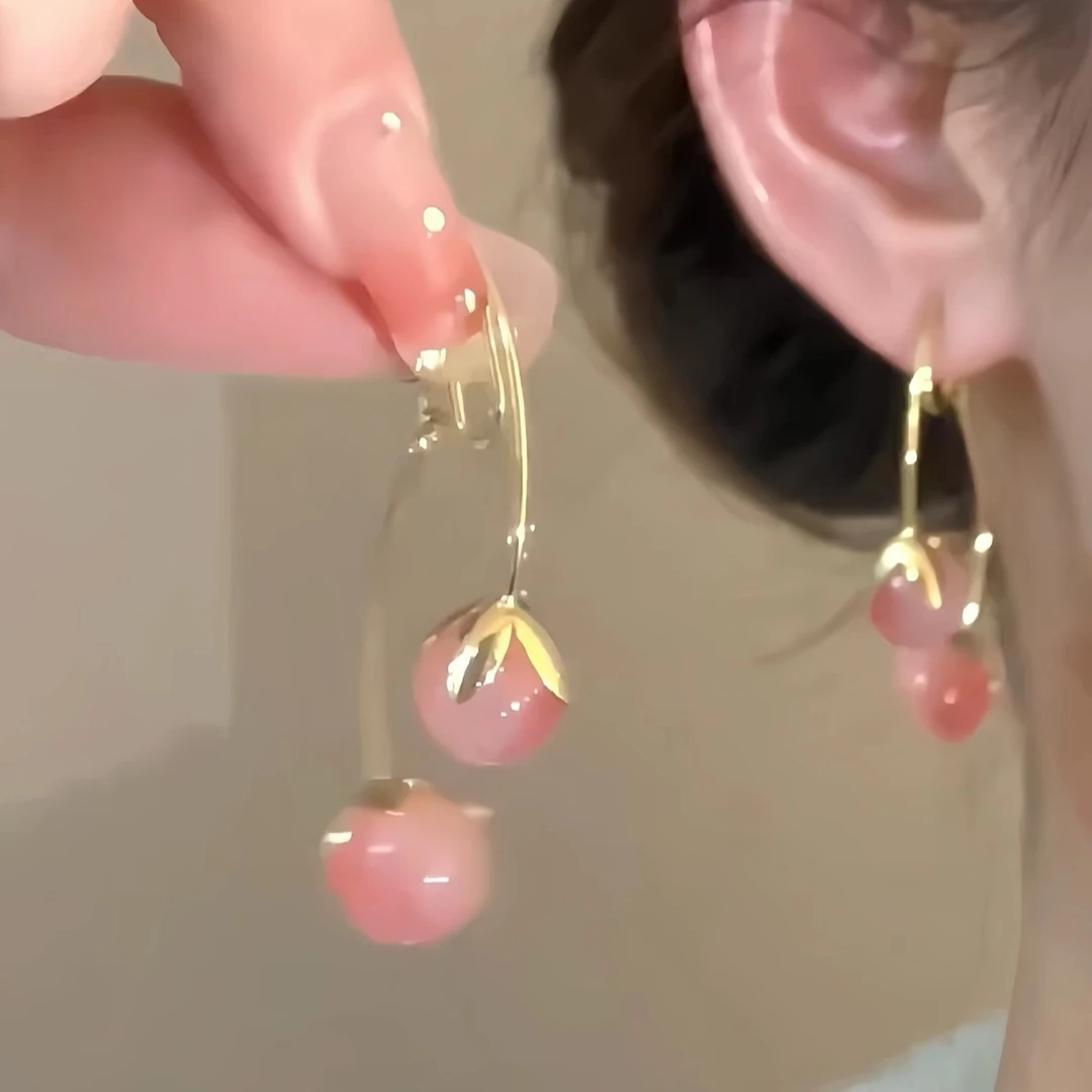 925银玻璃耳饰 足银玻璃耳饰小众设计樱桃925银针耳环轻奢