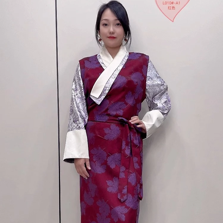 2025新款藏族服装高垂感丝缎西藏服假两件连体连衣裙博拉裙拉萨服