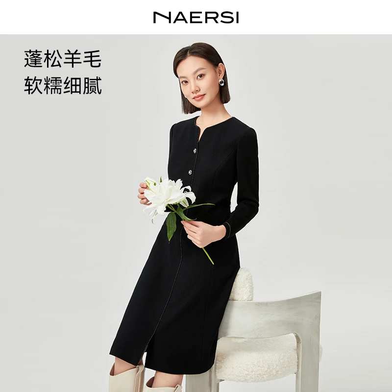 娜尔思黑色显瘦气质轻奢时尚秋冬女士连衣裙（配腰带）NF11100W0