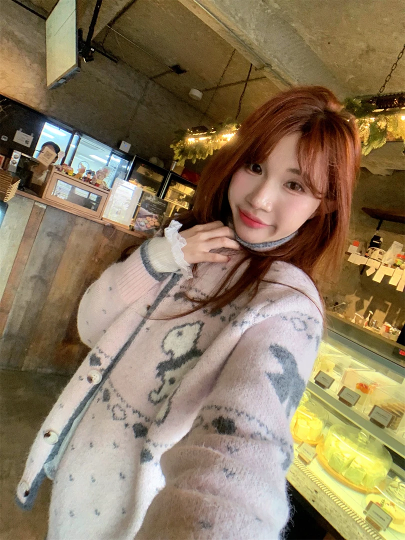 JENNIFER JXLIU韩版秋冬卡通提花兔绒翻领单排扣毛衣针织衫外套女