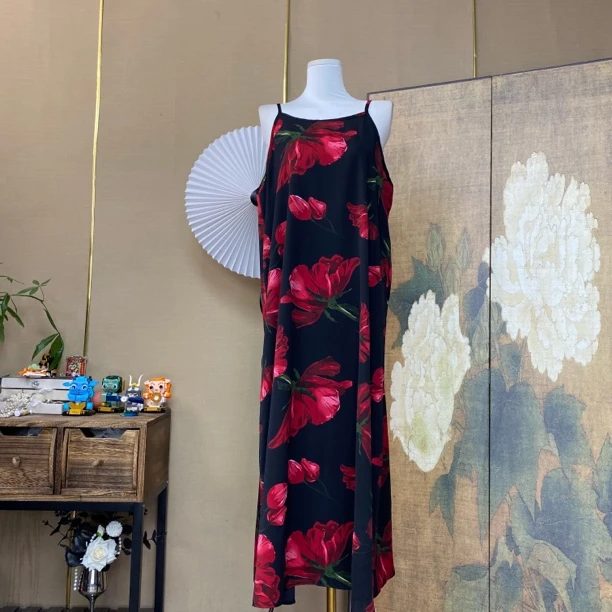 【427】黑底大花大女主长款时尚夏季优雅复古气质吊带裙