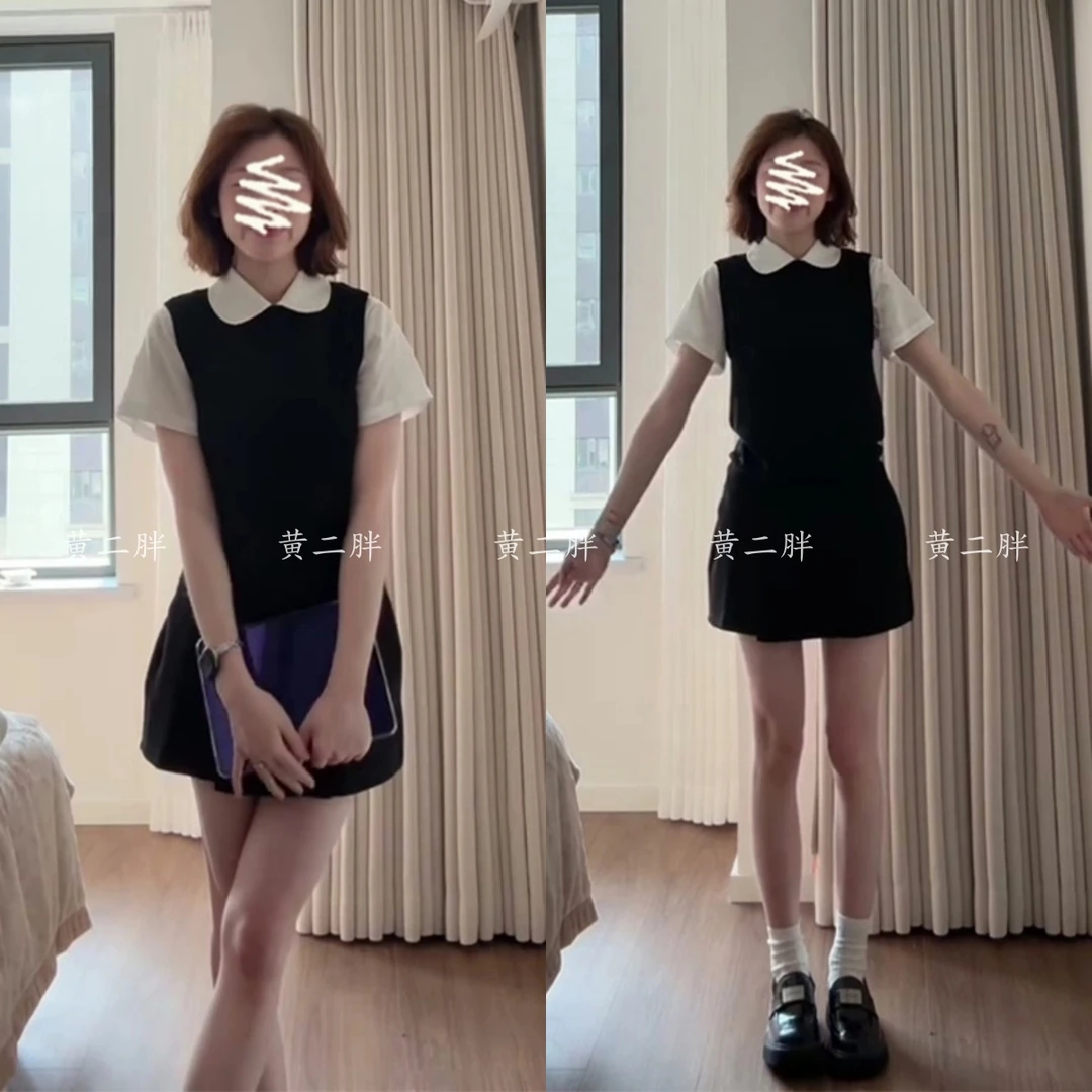 2025春夏新款女韩系气质翻领短袖衬衫修身背心马甲高腰显瘦半身裙