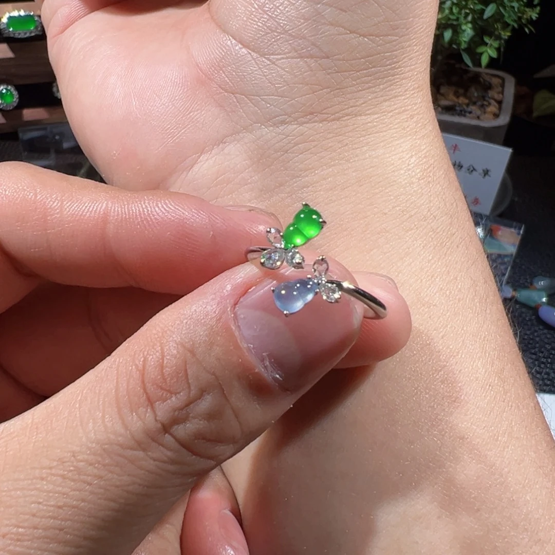翡翠18K金镶嵌戒指福利天然缅甸 A货翡翠玻璃种双色开口戒