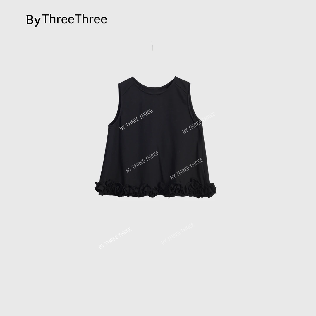 【LiuSanSan】设计感木耳边做旧下摆圆领黑色背心上衣女夏2506068
