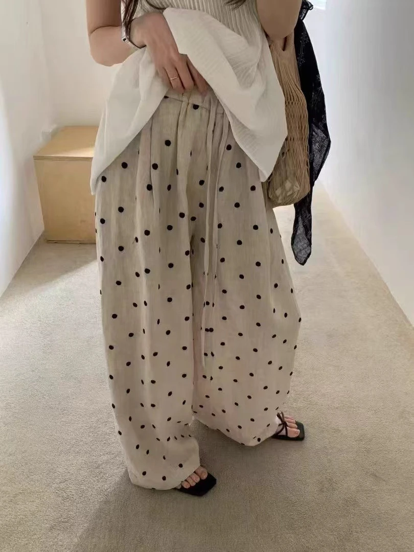 夏季波点棉麻透气阔腿长裤宽松薄款百搭休闲