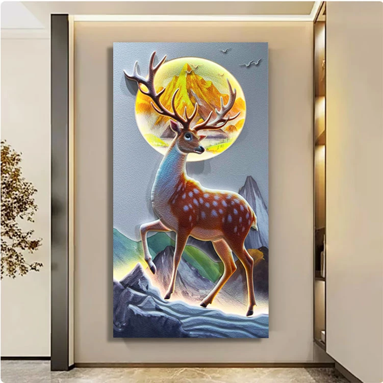 招财糜鹿立体浮雕现代砂岩画走廊过道灯光客厅装饰画入户玄关挂画