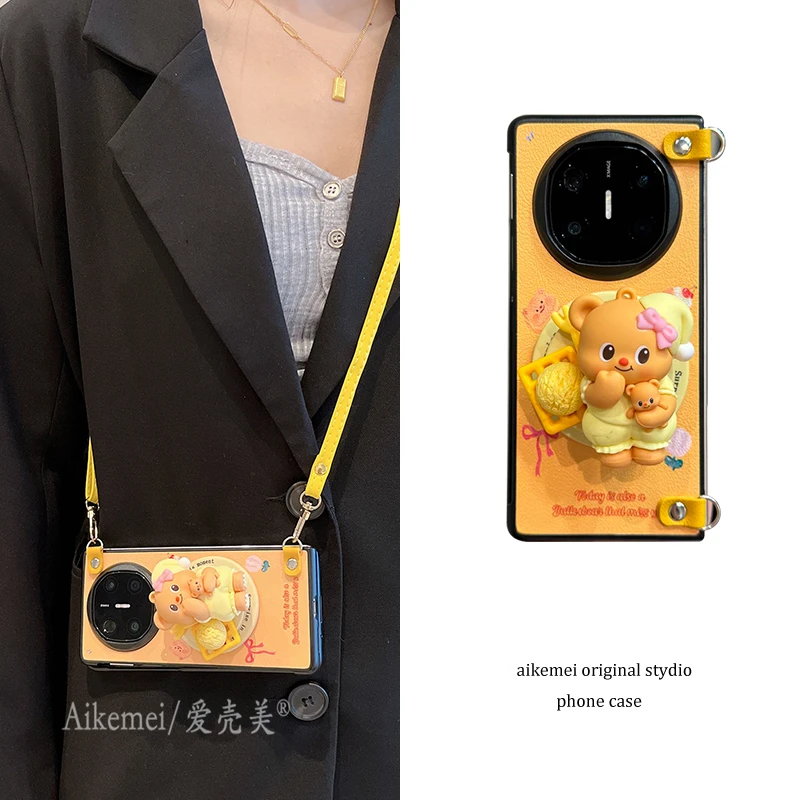 适用华为mateX6折叠屏手机壳matex5典藏版黄油小熊X3皮质斜挎绳女