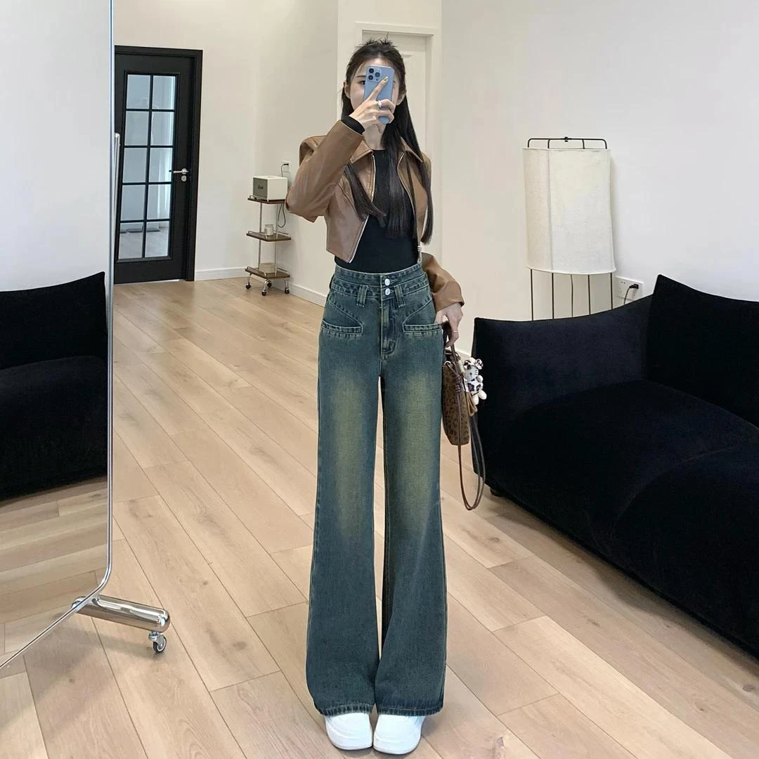 2025韩版秋季爆款喇叭裤女复古时尚宽松牛仔裤高腰显瘦设计感长裤