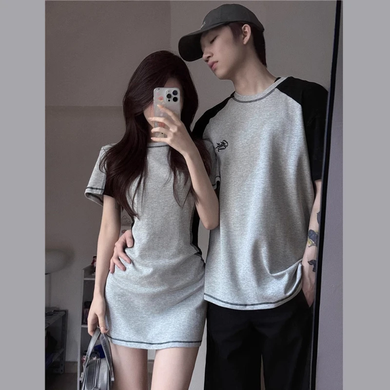 情侣装夏季一衣一裙灰色短袖T恤连衣裙女显瘦包臀短裙设计感男t恤