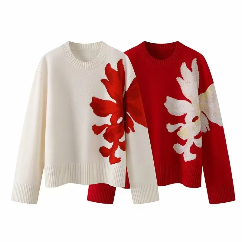 H5019-2024冬季新款 时尚百搭气质新年锦鲤针织衫毛衣女