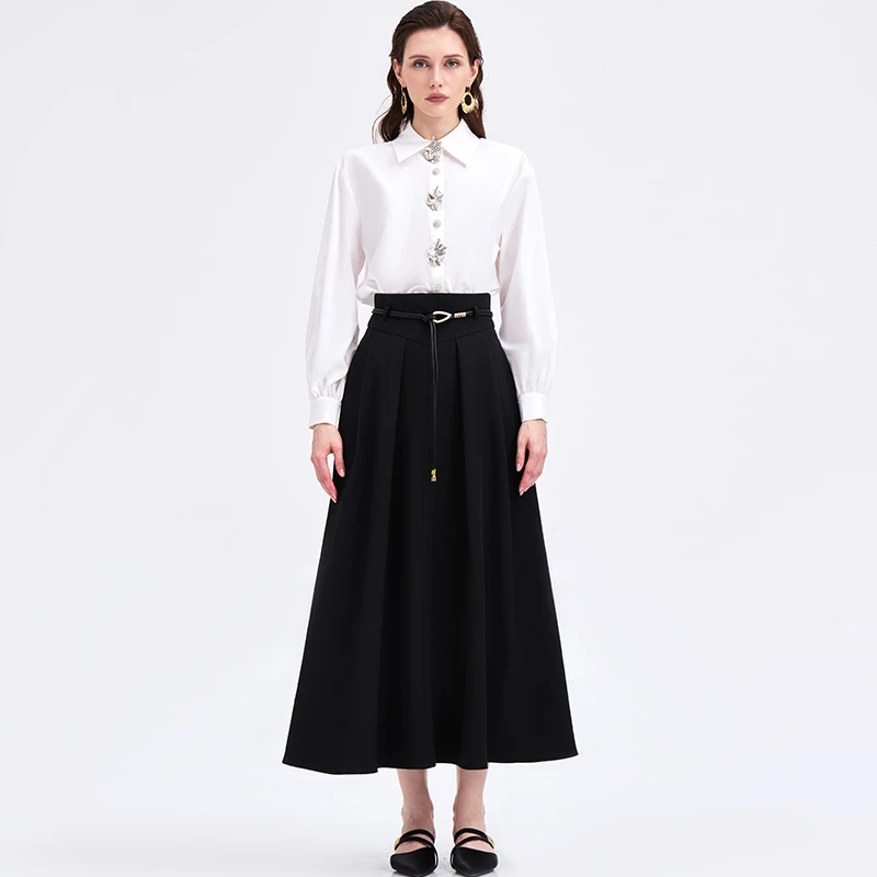 《李易行》AUI黑色高腰半身裙修身百搭长裙伞裙-25W149731