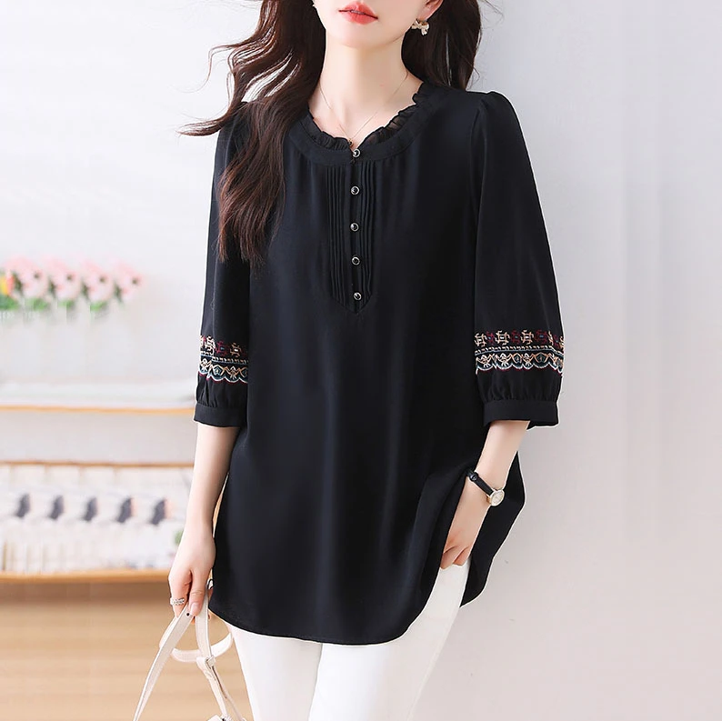 大码刺绣雪纺衫国风荷叶领宽松加肥加大减龄遮肚T恤妈妈装显瘦