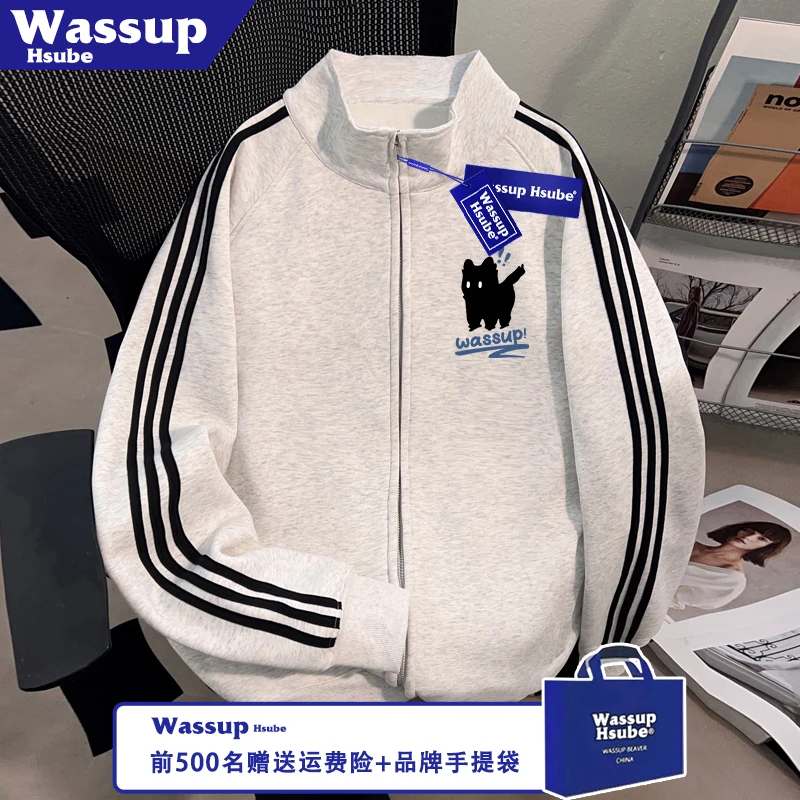 WASSUP HSUBE秋冬季拉链立领开衫呆萌猫咪印花外套男女三条杠卫衣