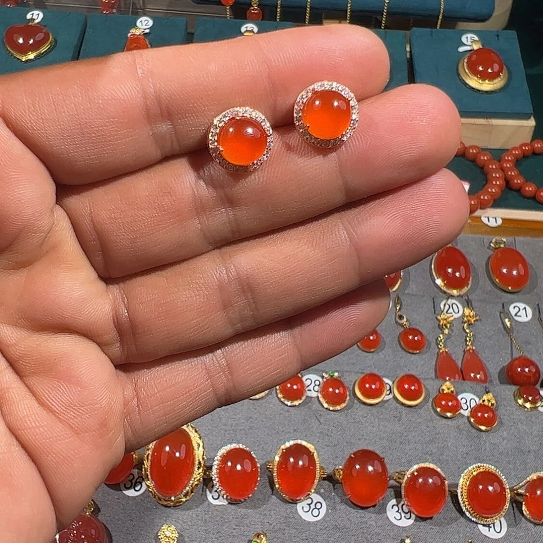 南红玛瑙银S925镶嵌耳饰