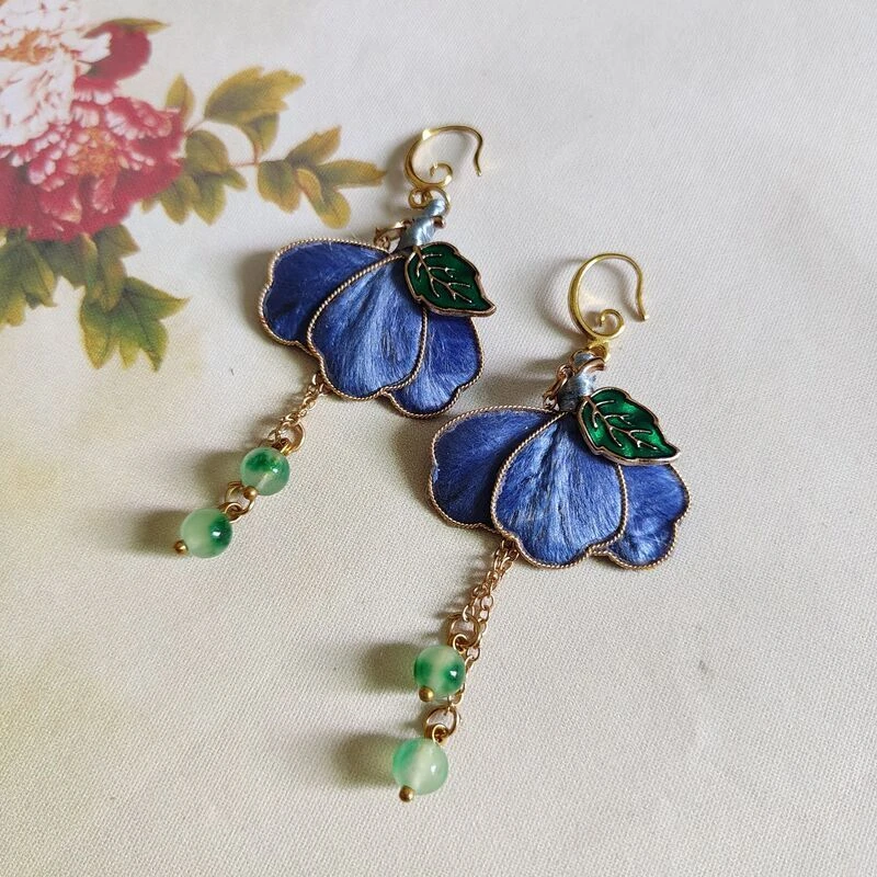 铜合金仿珍珠耳饰 古风掐丝绒花耳饰耳环仿点翠长流苏珍珠耳坠简