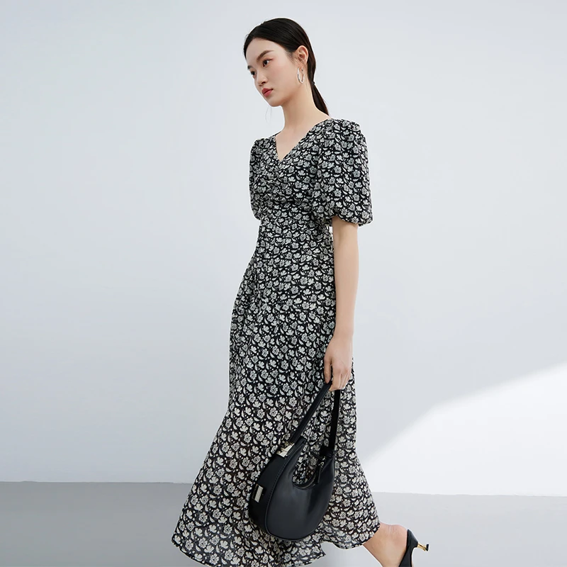 【小余专属】MOFAN摩凡夏新款黑色花纹连衣裙