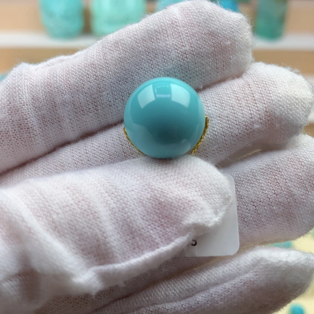 绿松石未镶嵌珠宝奇石高瓷蓝绿精品圆珠14.4mm