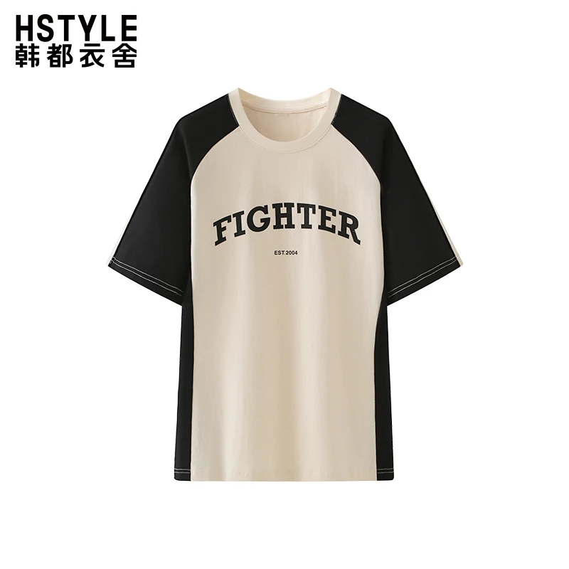 韩都衣舍美式复古字母圆领撞色短袖T恤女休闲宽松显瘦百搭上衣夏