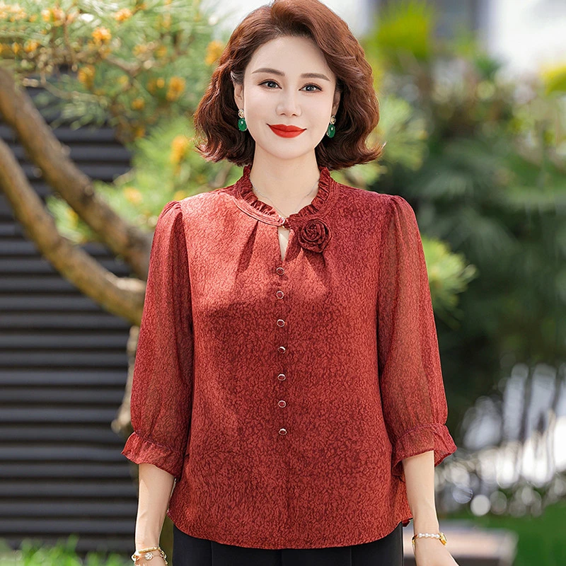 俞兆林时尚妈妈套头雪纺碎花衬衫夏装新款洋气高贵喜婆婆小衫中老