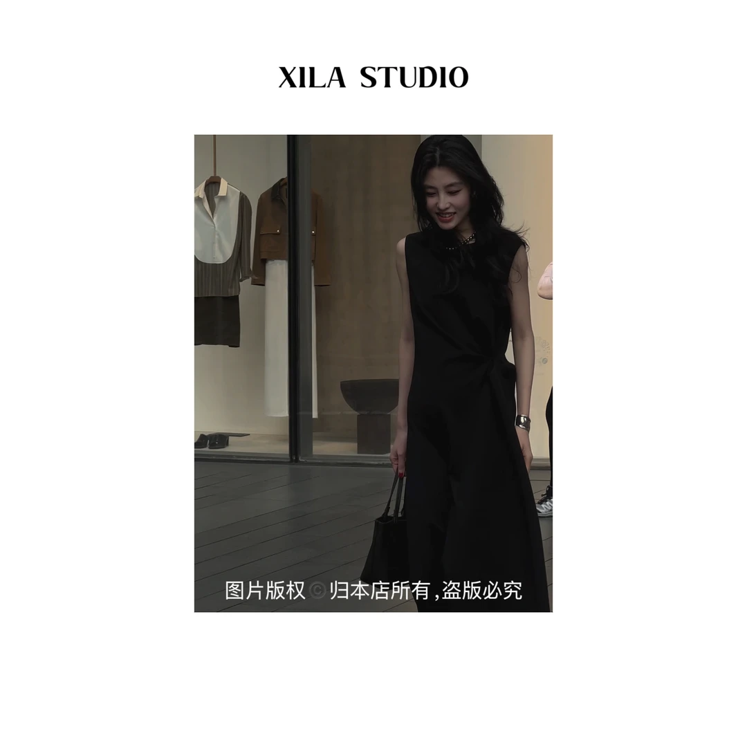 【XILA】莱卡再生纤维锦纶立裁扭结不规则连衣裙