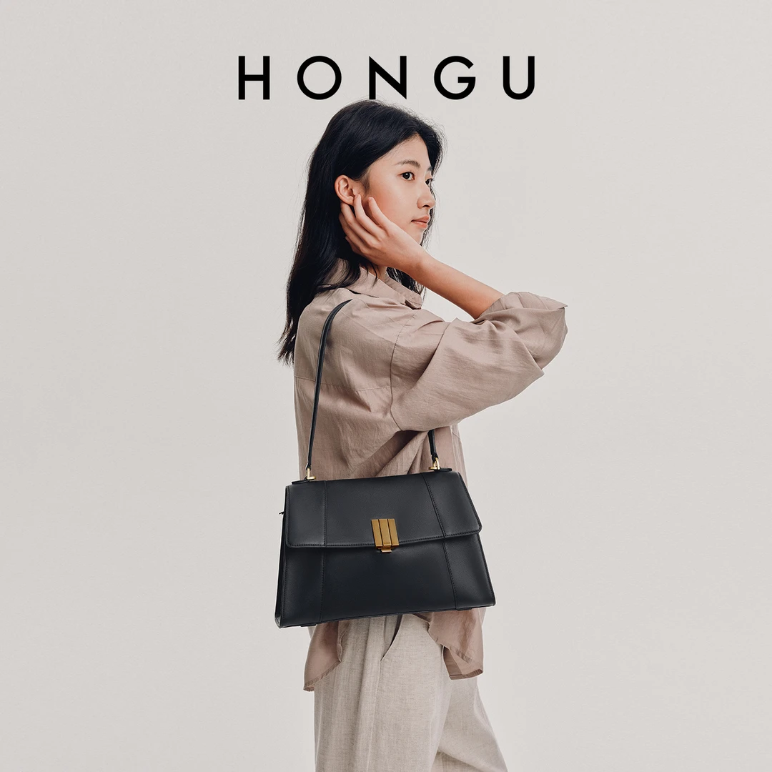 HONGU/红谷女士复古百搭单肩腋下包真皮小众斜挎包小方包H5177119