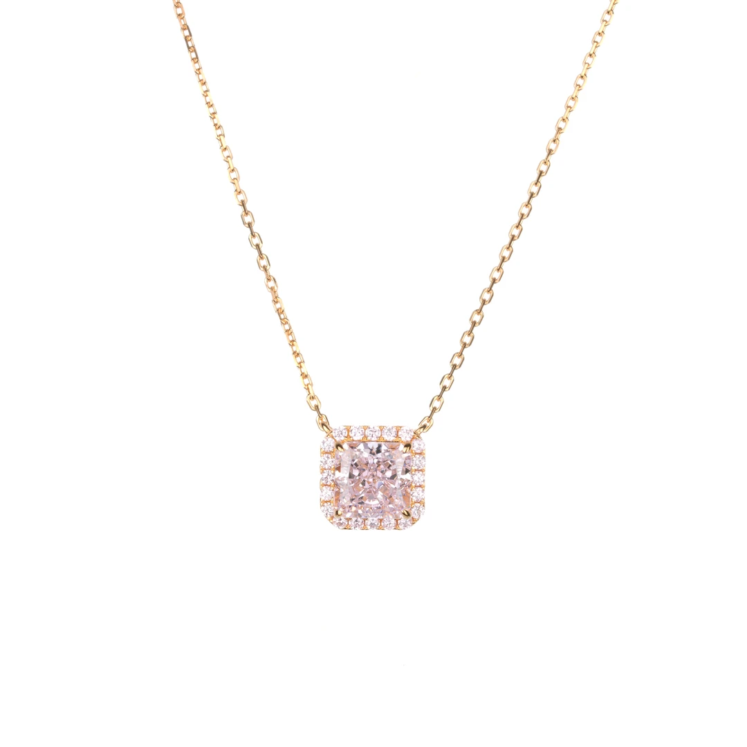 坠链均925银合成锆石 粉方形冰花切百搭项链0240