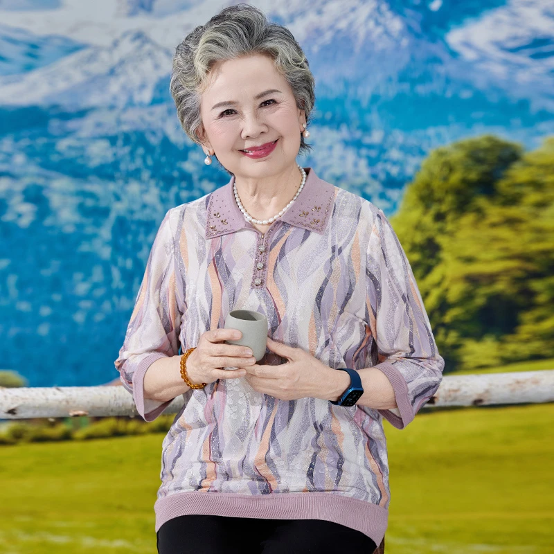 25年春秋内搭中老年妈妈夏装上衣服女针织七分袖奶奶装翻领T恤衫