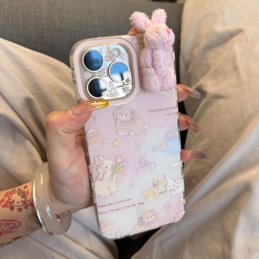 ins郁金香粉兔适用苹果16Promax手机壳iPhone13保护套15PRO大孔14
