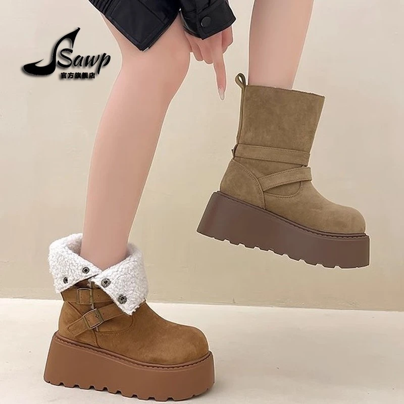 英伦风瘦瘦靴女2025秋冬新款欧洲站圆头车缝线中跟时装靴时尚百搭