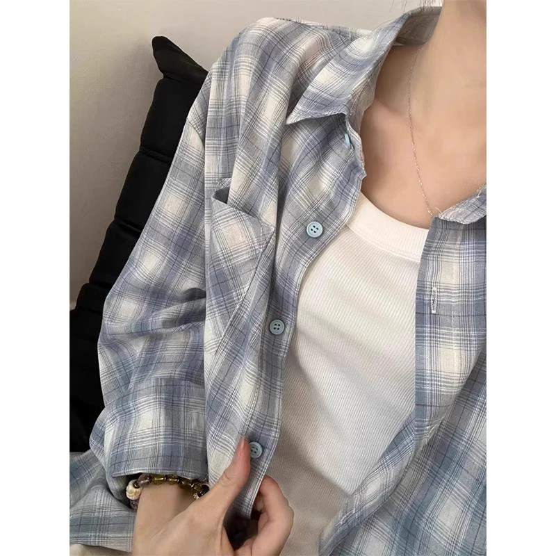 法式蓝色格子衬衫上衣女宽松慵懒风夏季长袖薄款防晒罩衫衬衣外套
