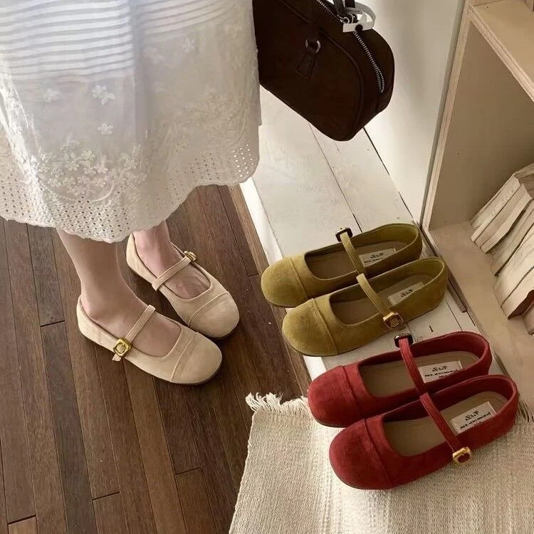 浅口红色单鞋女春秋新款法式复古温柔仙女绒面玛丽珍鞋平底豆豆鞋