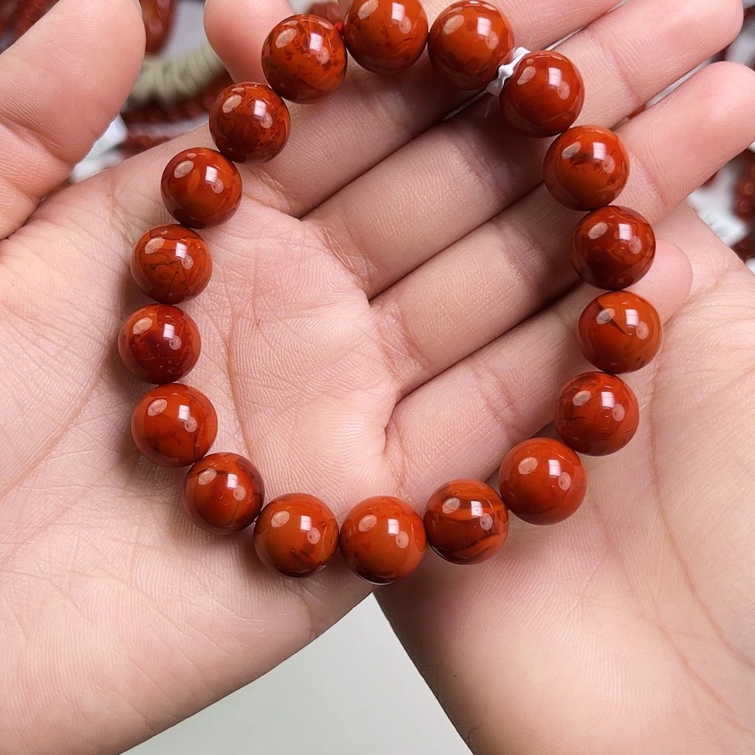 东***乐南红玛瑙未镶嵌手链瓦西收藏级柿子红双色火焰11