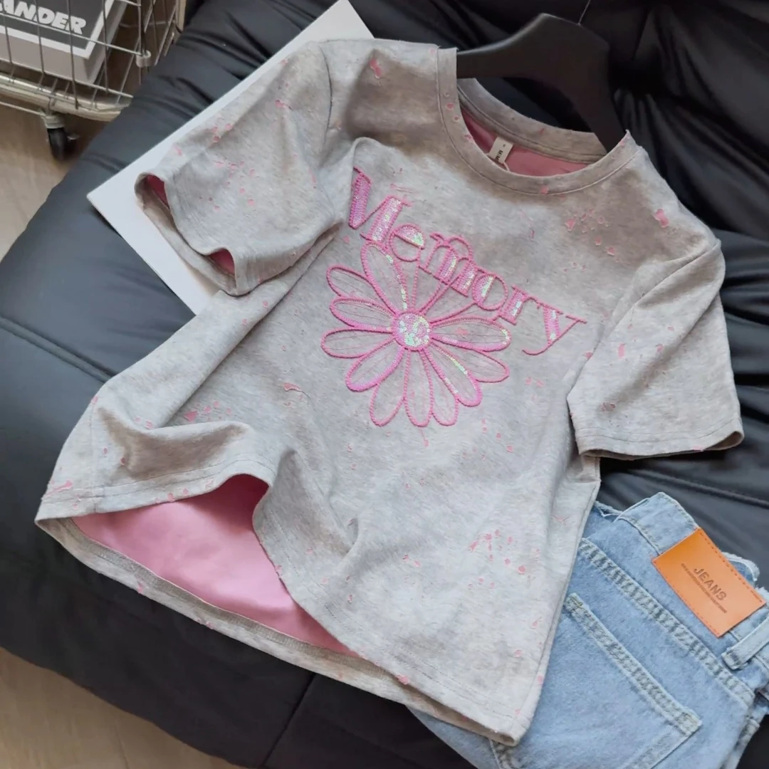 夏季圆领重工短袖拉花高级感休闲时尚显瘦T恤DP6781