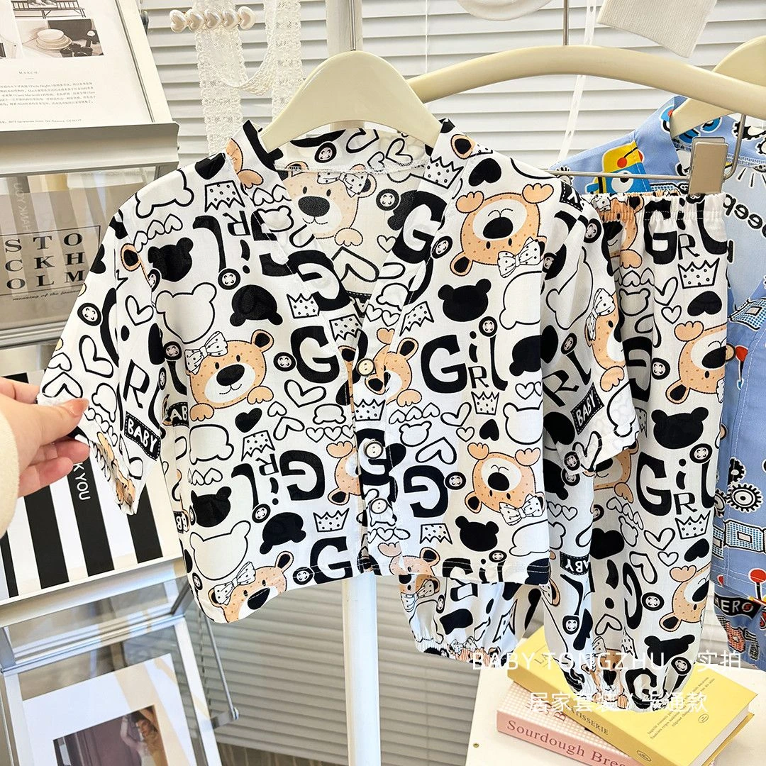 儿童夏季棉绸套装男女童家居服宝宝七分袖薄款凉感空调服宽松睡衣